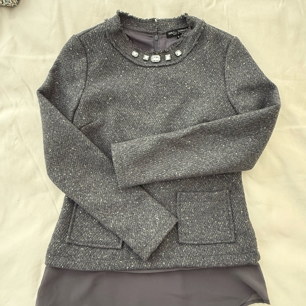 Dolce & Gabbana Charcoal Tweed Top with Crystal Accents